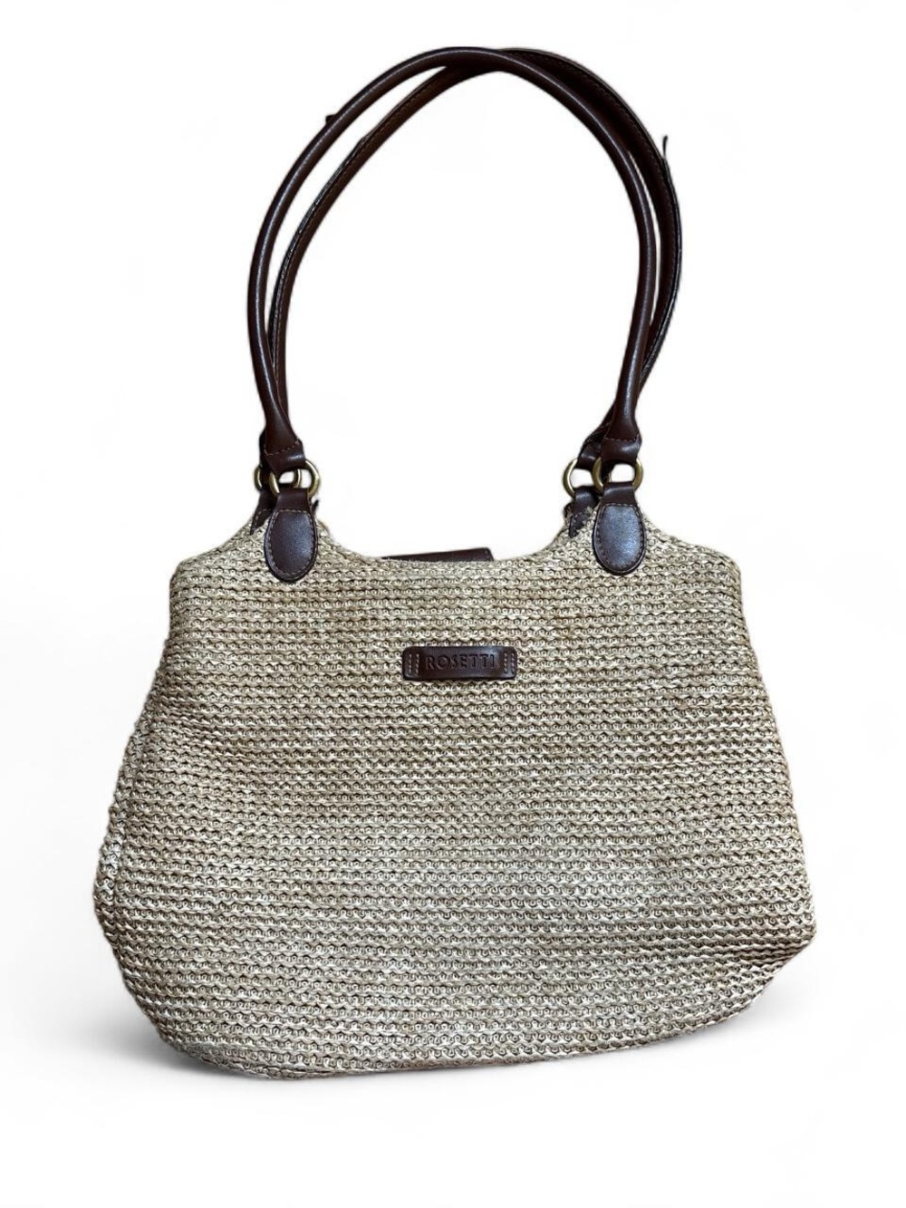 Vintage Y2K Rosetti Woven Straw Shoulder Bag Faux Leather Double Handles Tan Bro